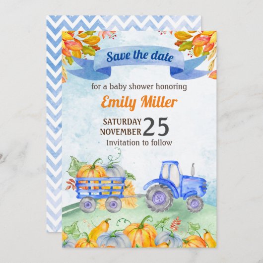 Waterverf pompoentractor slaat de datum op save the date (Voorkant / Achterkant)