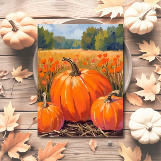 Waterverf pompoenveld herfstloof briefkaart