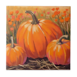 Waterverf pompoenveld herfstloof tegeltje