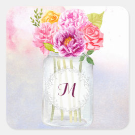 Waterverf ponden Rozen Rustic Mason Jar Wedding Vierkante Sticker