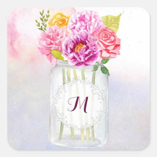 Waterverf ponden Rozen Rustic Mason Jar Wedding Vierkante Sticker (Voorkant)