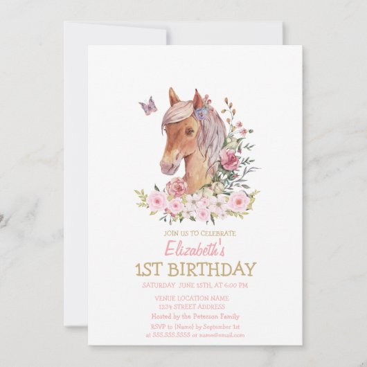 Waterverf Pony Floral Striped Birthday Kaart (Voorkant)
