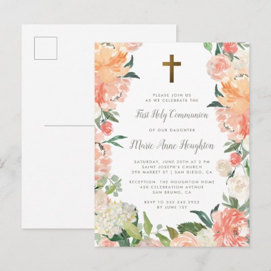 Waterverf pony's en Rozen Eerste Heilige Communie Uitnodiging Briefkaart (Voorkant / Achterkant)