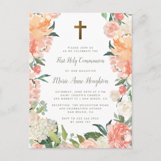 Waterverf pony's en Rozen Eerste Heilige Communie Uitnodiging Briefkaart (Voorkant)