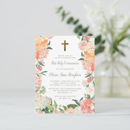 Waterverf pony's en Rozen Eerste Heilige Communie Uitnodiging Briefkaart (Staand voorkant)