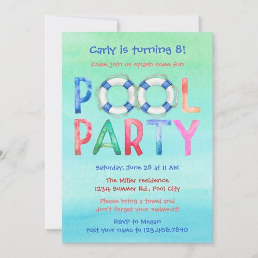 Waterverf Pool Party Birthday Invitation Kaart (Voorkant)