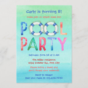 Waterverf Pool Party Birthday Invitation Kaart