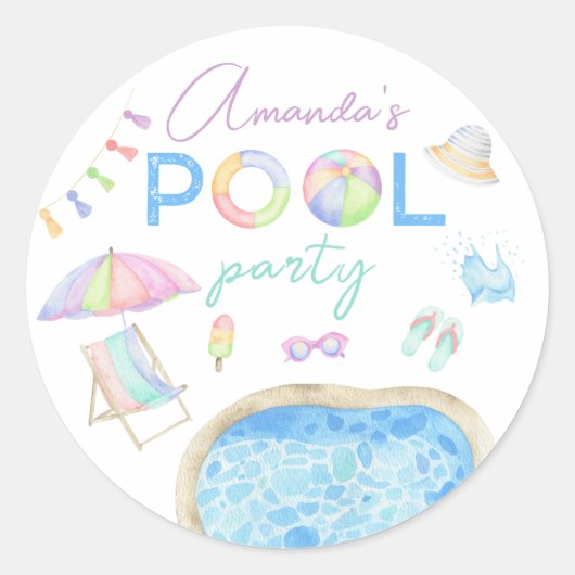Waterverf Pool Party Kids Verjaardag Ronde Sticker (Voorkant)