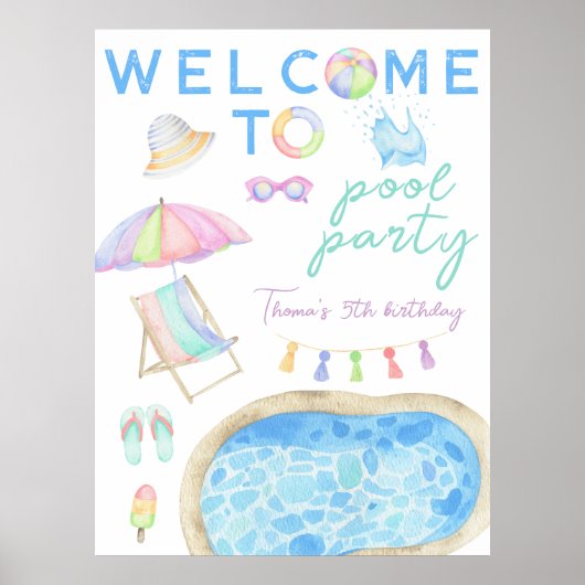 Waterverf Pool Party Verjaardag Welkom Poster (Voorkant)