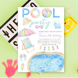 Waterverf Pool Party Verjaardagsuitnodiging Kaart