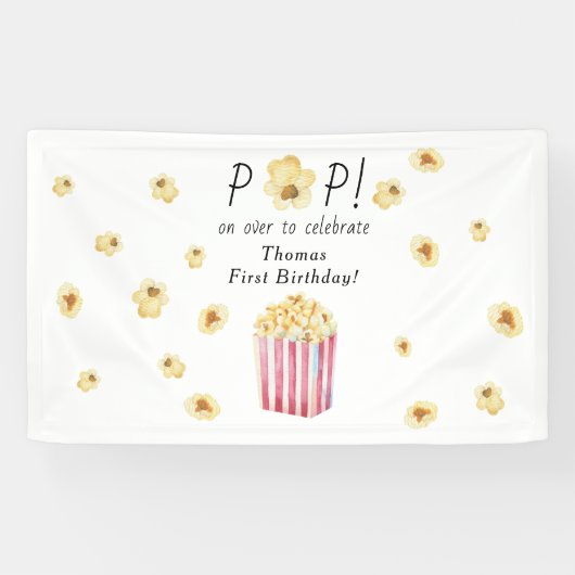 Waterverf Popcorn Kids Verjaardagsfeestje Spandoek (Horizontaal)