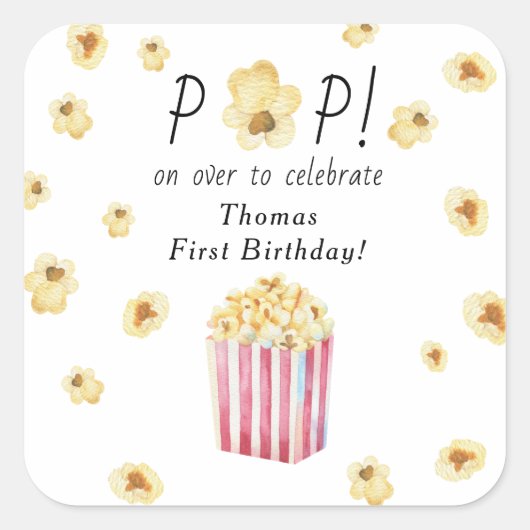 Waterverf Popcorn Kids Verjaardagsfeestje Vierkante Sticker (Voorkant)