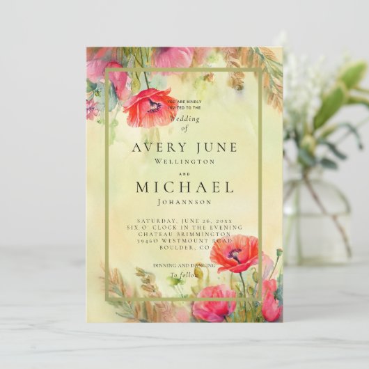 Waterverf Poppies Lente Huwelijksuitnodiging Kaart (Staand voorkant)