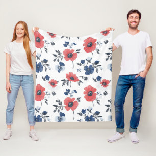 Waterverf Poppies Patroon – Rood, Blauw & Wit (2) Fleece Deken