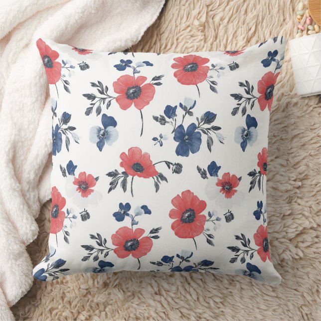 Waterverf Poppies Patroon – Rood, Blauw & Wit (2) Kussen (Deken)