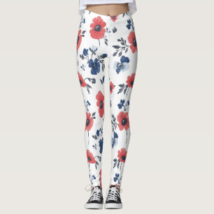 Waterverf Poppies Patroon – Rood, Blauw & Wit (2) Leggings