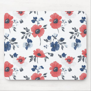 Waterverf Poppies Patroon – Rood, Blauw & Wit (2) Muismat