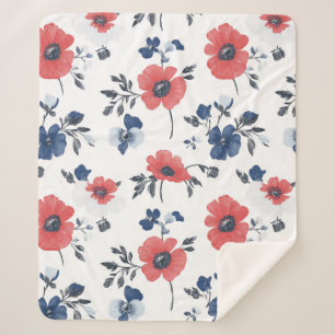 Waterverf Poppies Patroon – Rood, Blauw & Wit (2) Sherpa Deken