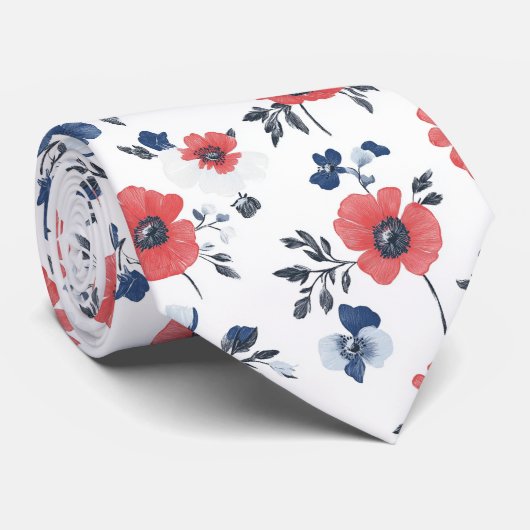 Waterverf Poppies Patroon – Rood, Blauw & Wit (2) Stropdas (Opgerold)
