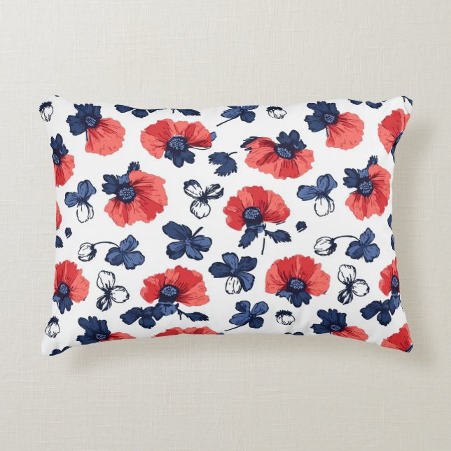 Waterverf Poppies Pattern – Rood, Blauw & Wit (3) Accent Kussen (Voorkant)