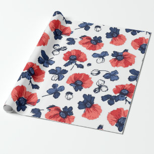 Waterverf Poppies Pattern – Rood, Blauw & Wit (3) Cadeaupapier