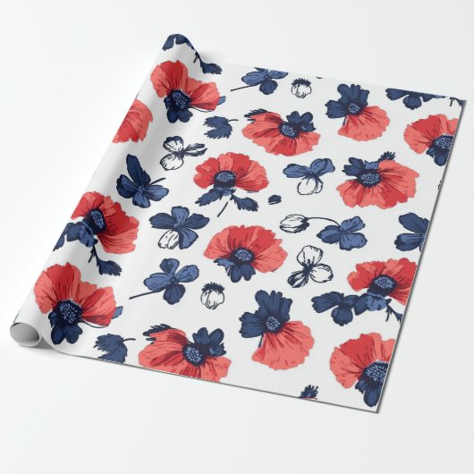 Waterverf Poppies Pattern – Rood, Blauw & Wit (3) Cadeaupapier (Uitgerold)