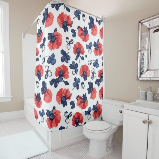 Waterverf Poppies Pattern – Rood, Blauw & Wit (3) Douchegordijn (In situ)