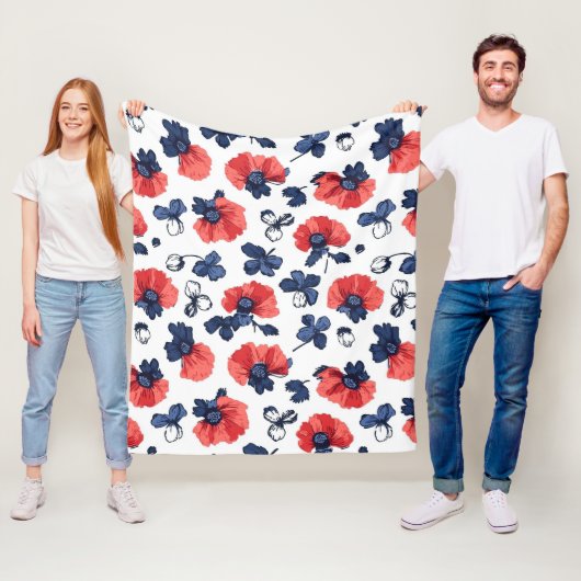 Waterverf Poppies Pattern – Rood, Blauw & Wit (3) Fleece Deken (In situ)