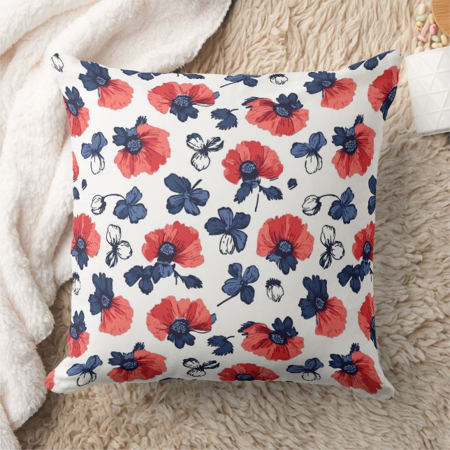 Waterverf Poppies Pattern – Rood, Blauw & Wit (3) Kussen (Deken)