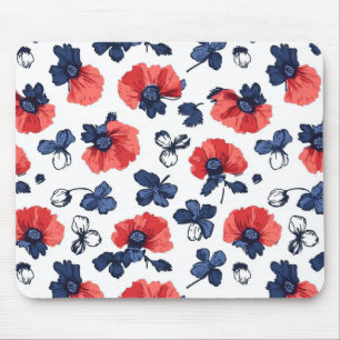 Waterverf Poppies Pattern – Rood, Blauw & Wit (3) Muismat
