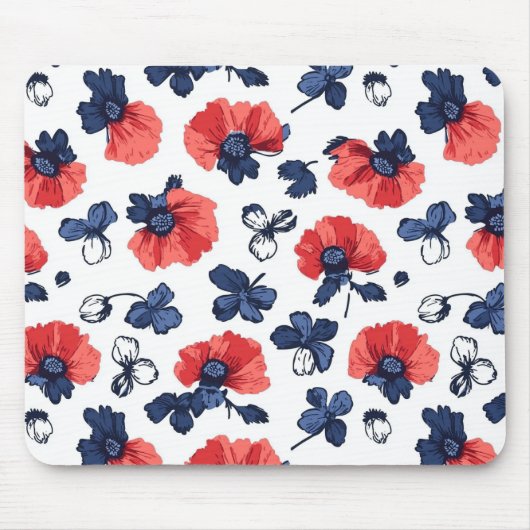 Waterverf Poppies Pattern – Rood, Blauw & Wit (3) Muismat (Voorkant)