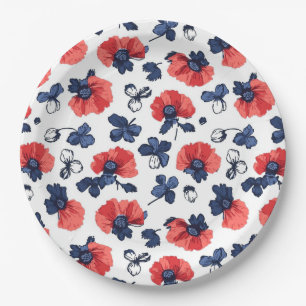 Waterverf Poppies Pattern – Rood, Blauw & Wit (3) Papieren Bordje