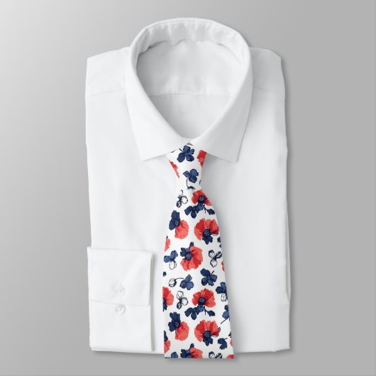 Waterverf Poppies Pattern – Rood, Blauw & Wit (3) Stropdas (Gebonden)
