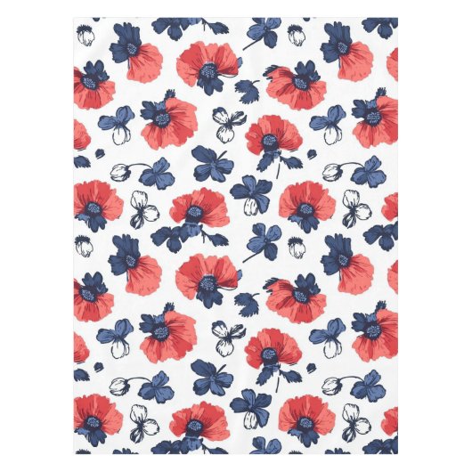 Waterverf Poppies Pattern – Rood, Blauw & Wit (3) Tafelkleed (Voorkant)