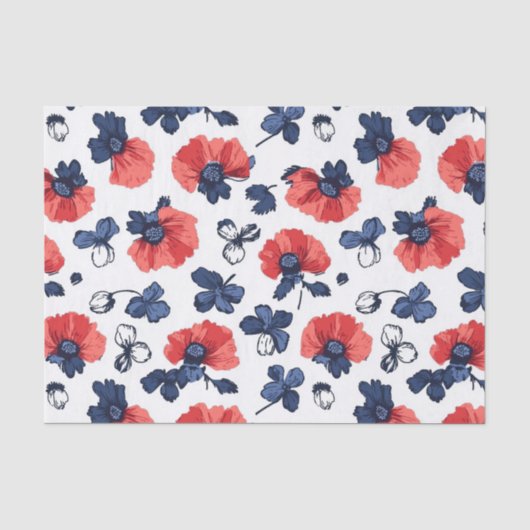 Waterverf Poppies Pattern – Rood, Blauw & Wit (3) Tissuepapier (Voorkant)