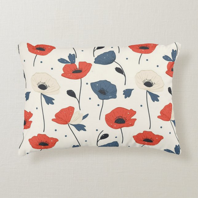 Waterverf Poppies Pattern – Rood, Blauw & Wit Accent Kussen (Voorkant)