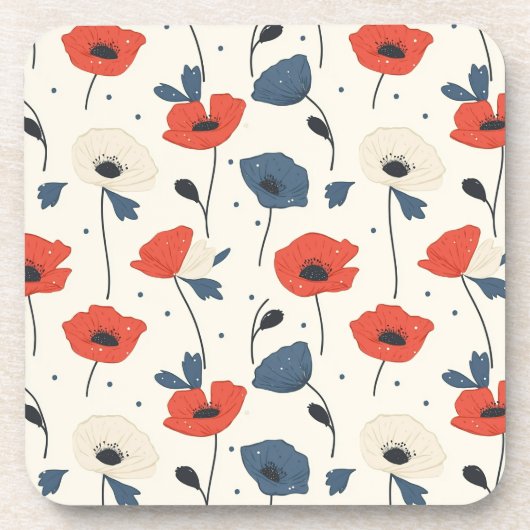 Waterverf Poppies Pattern – Rood, Blauw & Wit Bier Onderzetter (Voorkant)