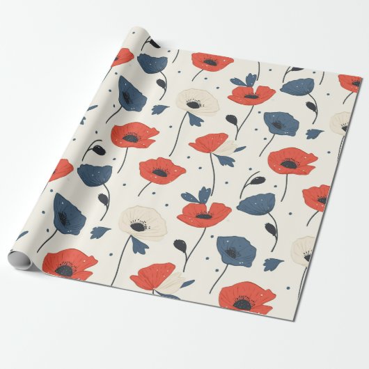 Waterverf Poppies Pattern – Rood, Blauw & Wit Cadeaupapier (Uitgerold)