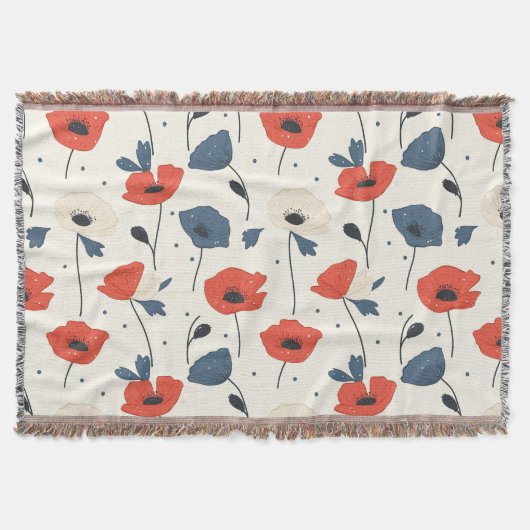 Waterverf Poppies Pattern – Rood, Blauw & Wit Deken (Voorkant)