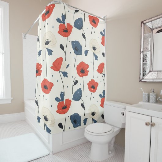Waterverf Poppies Pattern – Rood, Blauw & Wit Douchegordijn (In situ)