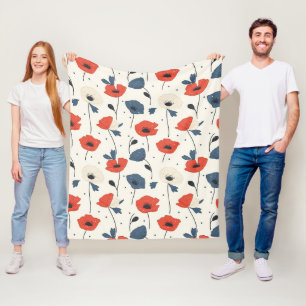 Waterverf Poppies Pattern – Rood, Blauw & Wit Fleece Deken