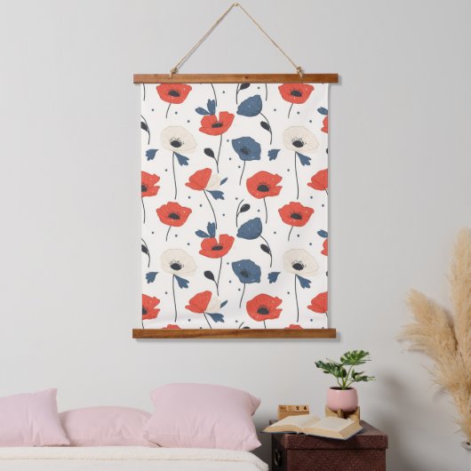 Waterverf Poppies Pattern – Rood, Blauw & Wit Hangend Wandkleed (Slaapkamer)