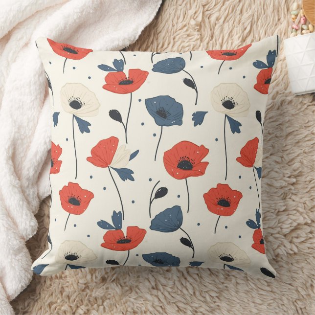 Waterverf Poppies Pattern – Rood, Blauw & Wit Kussen (Deken)