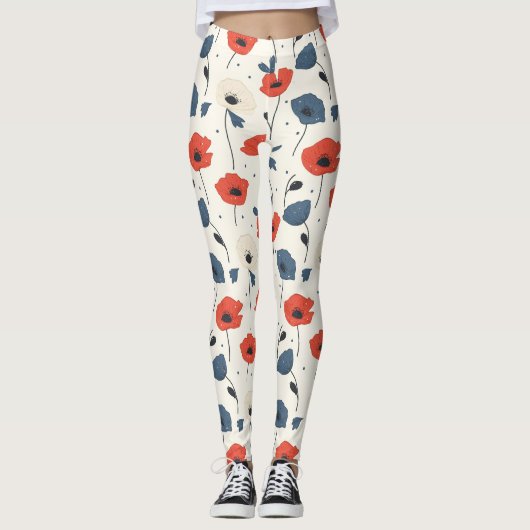 Waterverf Poppies Pattern – Rood, Blauw & Wit Leggings (Voorkant)