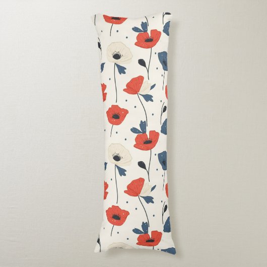 Waterverf Poppies Pattern – Rood, Blauw & Wit Lichaamskussen (Voorkant Verticaal)