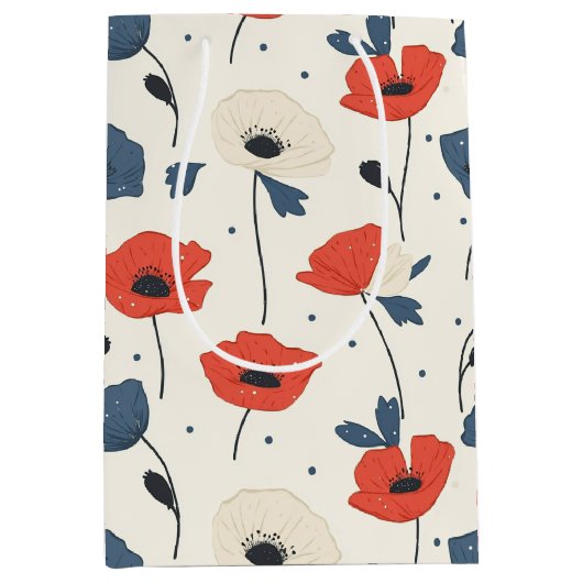 Waterverf Poppies Pattern – Rood, Blauw & Wit Medium Cadeauzakje (Voorkant)