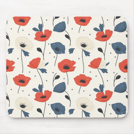 Waterverf Poppies Pattern – Rood, Blauw & Wit Muismat (Voorkant)