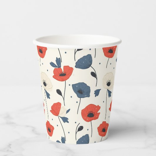 Waterverf Poppies Pattern – Rood, Blauw & Wit Papieren Bekers (Voorkant)