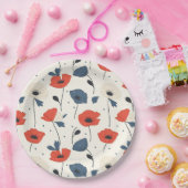 Waterverf Poppies Pattern – Rood, Blauw & Wit Papieren Bordje (Feest)