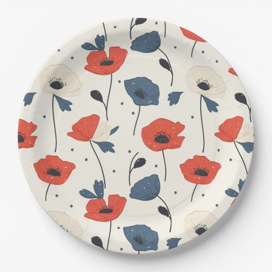 Waterverf Poppies Pattern – Rood, Blauw & Wit Papieren Bordje (Voorkant)